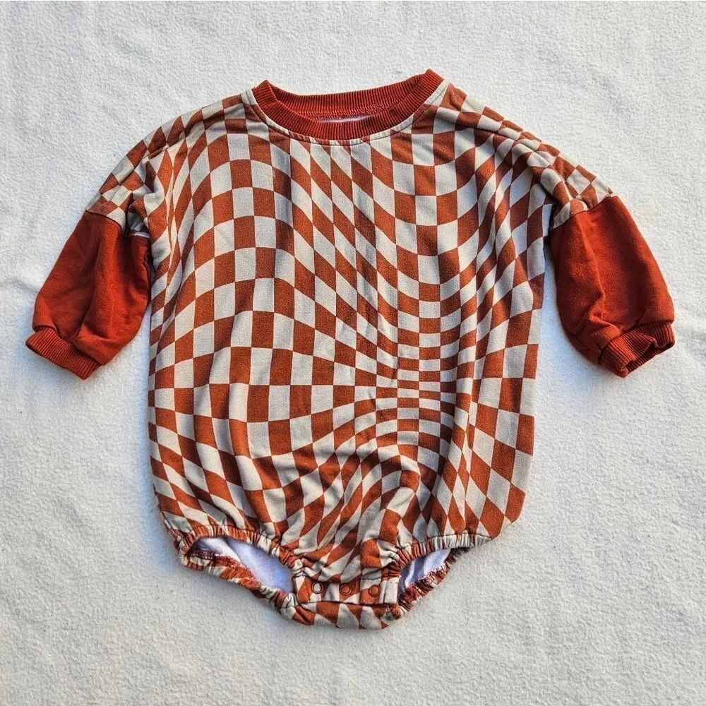 Brixton Phoenix Wavy Checker Rust and Tan Bubble Romper 12-18M